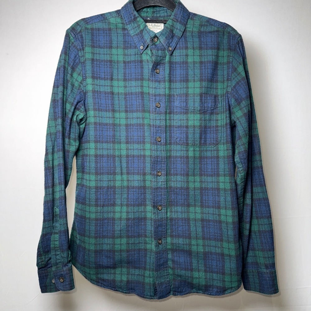 LL Bean Men Slim Fit‎ Flannel Shirt Green Navy Blue Plaid Cotton M-REG 510590